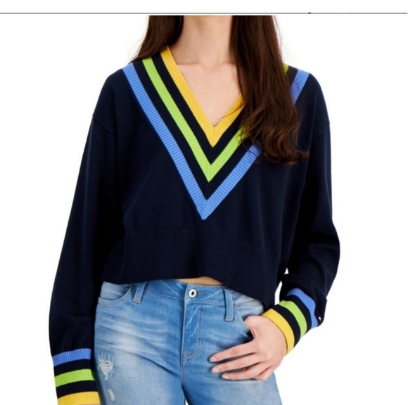 Tommy Hilfiger Sweaters - Tommy Hilfiger Sweater Striped-Trim Cropped (Sky Capt Multi)